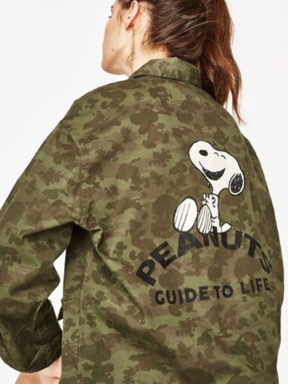 Zara Camo Peanuts Snoopy Jacket Women Size Medium Button Front Oversized Relaxed